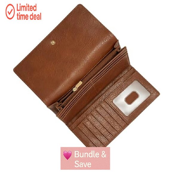 Leather RFID-Blocking Flap Clutch Wallet with 12 Card Slots & Zipper Pockets - Picture 4 of 7